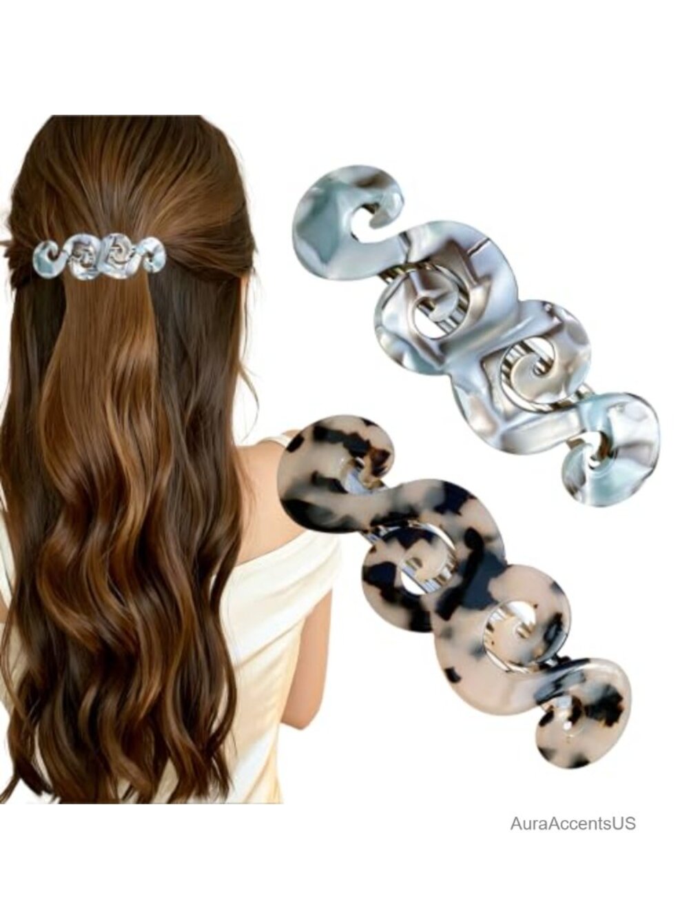 French Snap Hair Barrettes for Women, Set of 2, Acetate, Retro